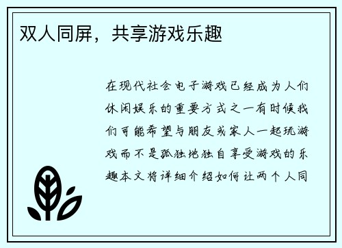 双人同屏，共享游戏乐趣