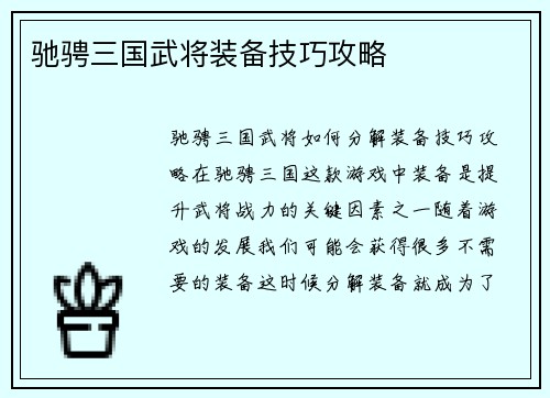 驰骋三国武将装备技巧攻略