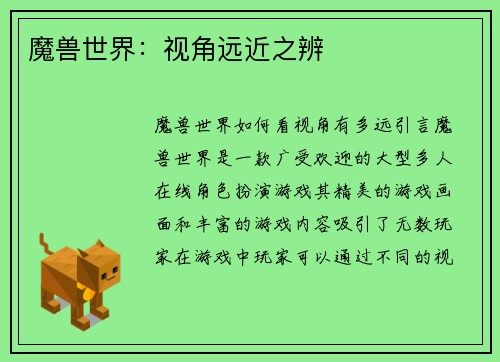 魔兽世界：视角远近之辨